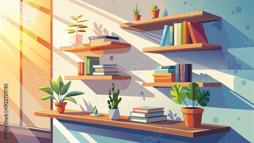 A cozy room with a wooden bookshelf filled with books and plants