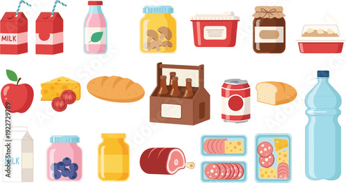 Grocery Food and Beverage Illustration Set Featuring Milk, Bread, Cheese, Jam, Meat, Water, and Packaged Products for Supermarket