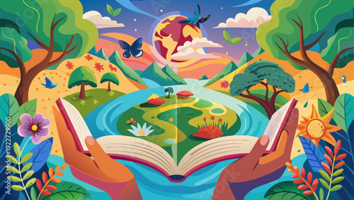 A vibrant illustration of a child holding a globe with a diverse ecosystem