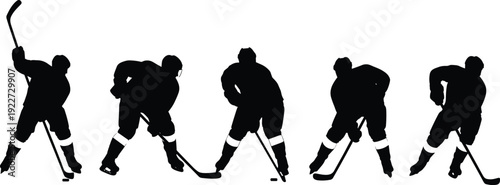 Ice hockey player silhouettes set showing skating, shooting and dribbling poses, professional sport action collection isolated on white background for design use