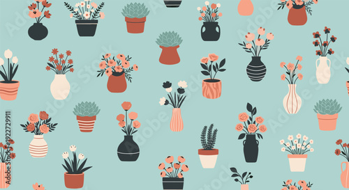 Charming seamless pattern of various indoor plants and flowers in decorative pots and vases on a soft blue background.