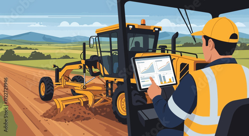 Construction worker operating heavy machinery with digital tablet 2.