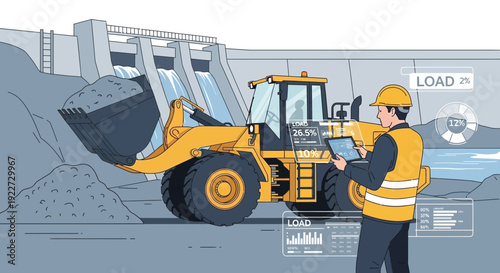Construction worker operating heavy machinery with digital tablet 1.
