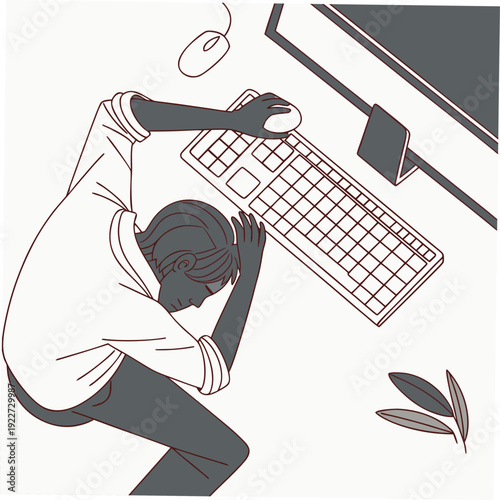 A man sitting at a desk with his head on the keyboard