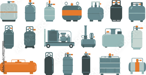 Industrial gas tanks cylinders compressors and storage equipment flat vector icon set machinery oxygen propane systems isolated on white background