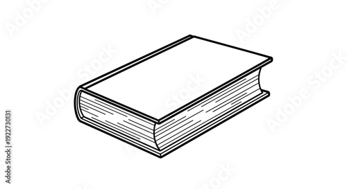 Classic hardcover book icon illustrated with thick black outlines and hatching details for education and reading concepts.