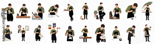 Barista illustrations showcasing coffee preparation, intricate latte art techniques, and diverse professional activities within a modern cafe setting.