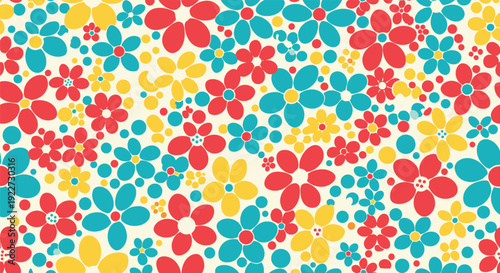 Vibrant retro floral seamless pattern with colorful flowers and dots in a playful and artistic sixties style background.