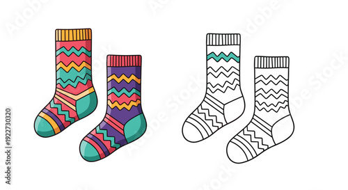 Pair of colorful patterned socks with zigzag designs alongside a black and white version for clothing and textile ideas.