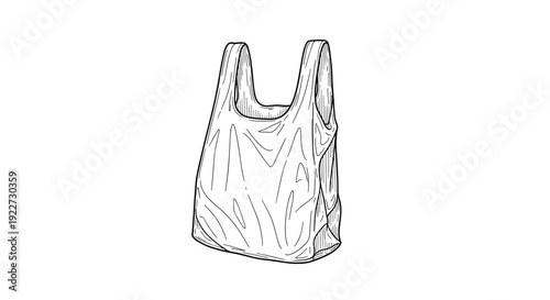 Detailed engraved style illustration of a simple plastic shopping bag with realistic folds and shadows for retail themes.