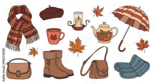 Comprehensive collection of autumn themed items including a scarf tea boots umbrella and leaves for seasonal designs.
