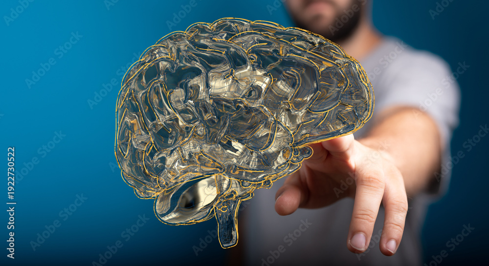 Fototapeta premium Innovative concept of a brain with a hand reaching towards it, representing ideas, insight, creativity, and the power of