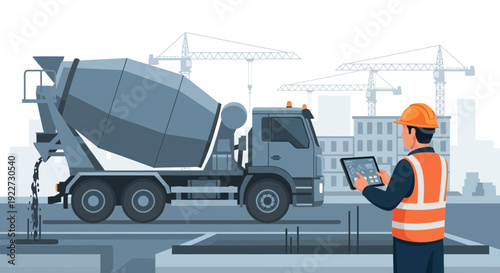 Construction worker overseeing concrete mixer truck operation.