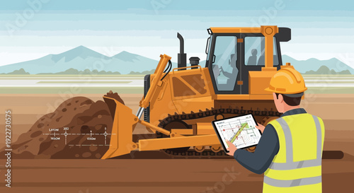 Construction worker overseeing bulldozer operation on site.