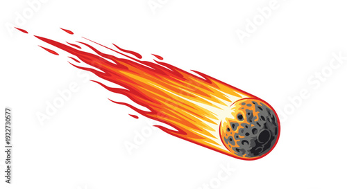 Powerful meteor or asteroid with a fiery tail streaking through space in a dynamic and vibrant cartoon illustration.
