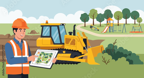 Construction Worker with Blueprint and Bulldozer at Site.