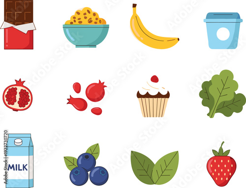 Healthy and Sweet Food Illustration Set Featuring Fruits, Milk, Chocolate, Banana, Pomegranate, Cupcake, and Greens for Nutrition and Lifestyle Designs