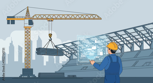 Construction worker using digital blueprint at building site.