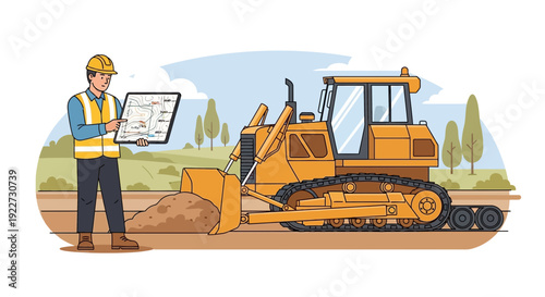 Construction worker with blueprint next to a bulldozer.