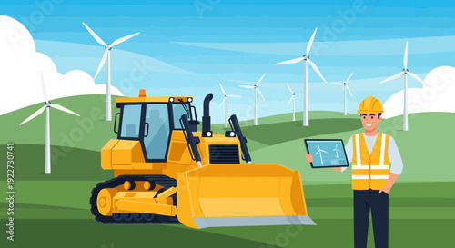 Construction worker with bulldozer and tablet.