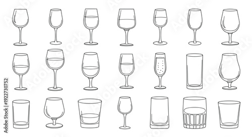 Large collection of various drinking glasses including wine flutes tumblers and goblets shown in clean line art.