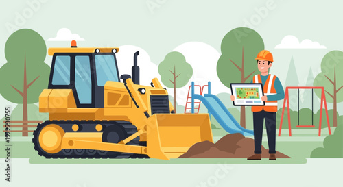 Construction worker with bulldozer on site.