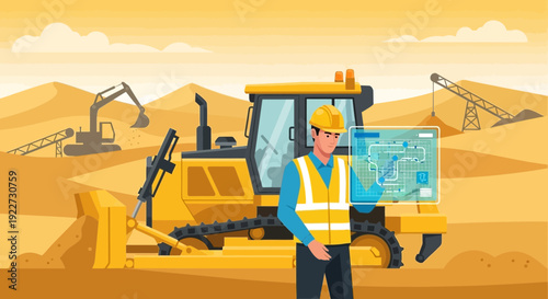 Construction worker with digital tablet and bulldozer.