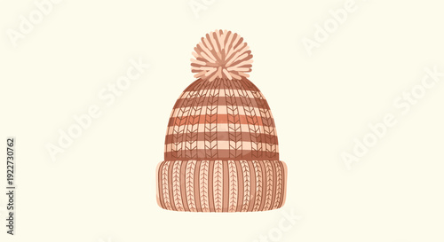 Cozy knitted winter beanie hat with stripes and a pompom on top shown in warm brown and peach tones for cold weather.
