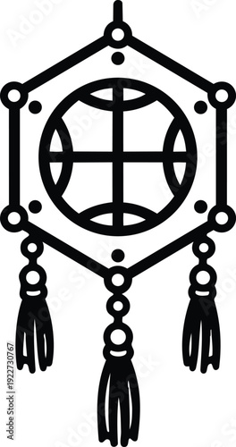 Line art flat design centered hexagon dreamcatcher with globe web and three tassels hanging minimalist black vector icon simple outline