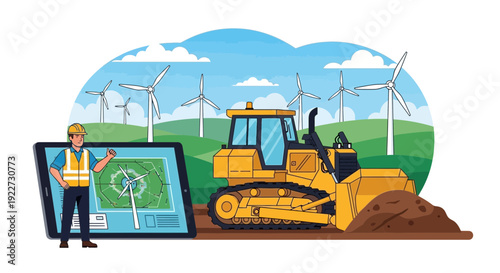 Construction worker with tablet overseeing bulldozer at a wind farm.
