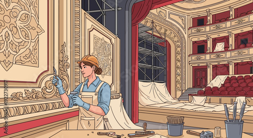 Dedicated artisan meticulously restores intricate details of an ornate theater interior.