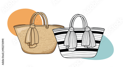 Pair of stylish straw beach tote bags with large tassels shown in a plain and striped version for summer fashion.
