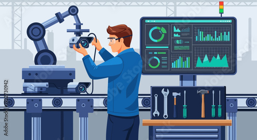 Engineer adjusting robotic arm on assembly line.