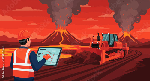 Engineer monitoring heavy machinery in volcanic landscape.
