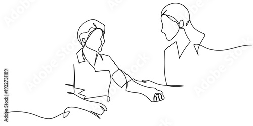 One line drawing, Continuous single line: A nurse is checking a patient's blood pressure. Editable stroke.