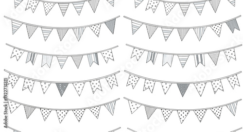 Festive seamless pattern showcasing hand-drawn black and white bunting flags and banners perfect for party invitations and celebratory decorations.