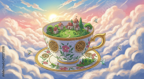 Fantasy Teacup Island with Miniature Village and Lush Greenery.