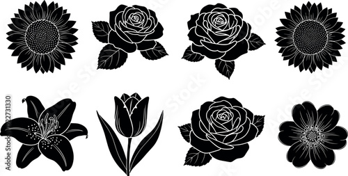 Black floral silhouette illustration set featuring roses sunflower lily tulip and decorative flowers isolated on white background elegant botanical vector design