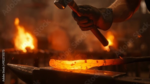 Blacksmith shaping glowing hot metal with hammer in fiery workshop - 4k video