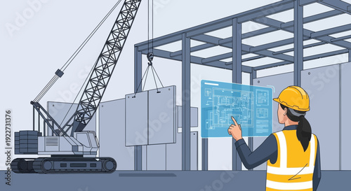 Female construction worker in hard hat and safety vest reviewing digital blueprint.