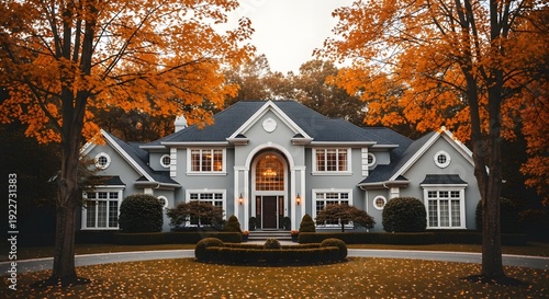 Grand luxury estate in autumn featuring gray facade and white trim surrounded by orange maple trees and fallen leaves on circular driveway