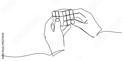 One line drawing. Continuous single line. Hand playing with a Magic Cube Editable stroke.