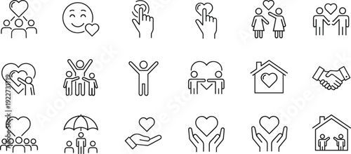 ove Care and Community Line Icon Set Featuring Family Support Charity Relationship and Social Connection Symbols for Healthcare and Awareness