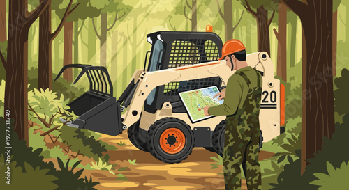 Forester reviewing a map beside a powerful skid steer loader planning land management operations.