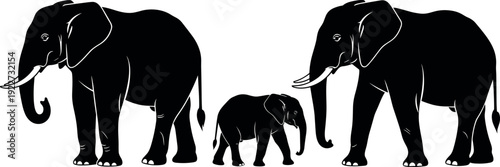 Black silhouette elephant family illustration with adult elephants and baby calf isolated on white background wildlife animal vector design for conservation branding
