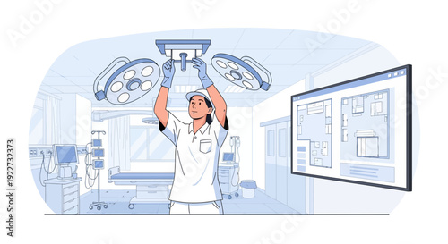 Medical professional adjusting surgical light in operating room.