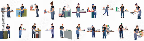 Cafe staff illustrations: diverse employees performing daily tasks like coffee making, cleaning, and serving customers in a coffee shop environment.