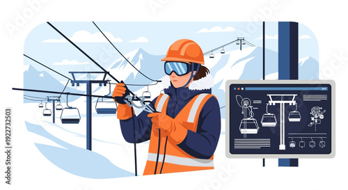 Ski lift technician performing maintenance on a ski resort.