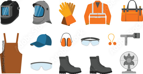 Personal protective equipment icons set with helmet gloves safety jacket goggles boots earmuffs tools and gear for industrial workplace protection illustration