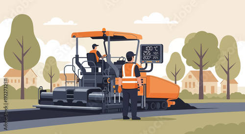Road Construction Workers Operating Asphalt Paver Machine.